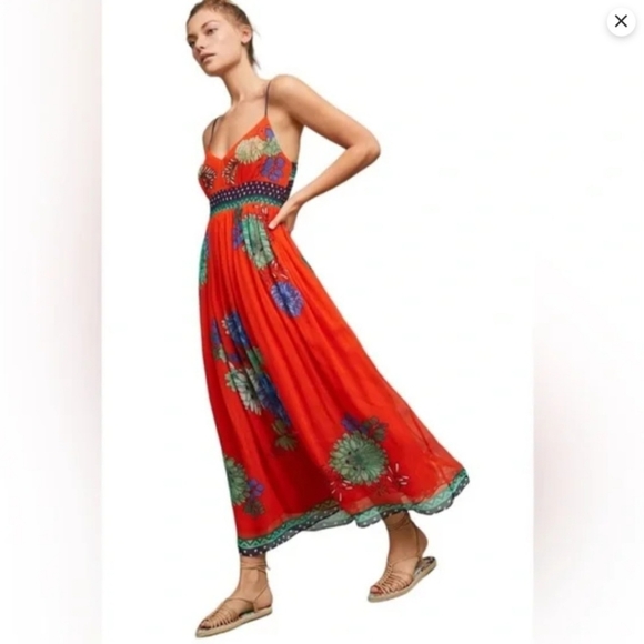 NWT Anthropologie Maeve Petites Orange Floral Maxi Dress Spaghetti Straps - 8P - Picture 12 of 12